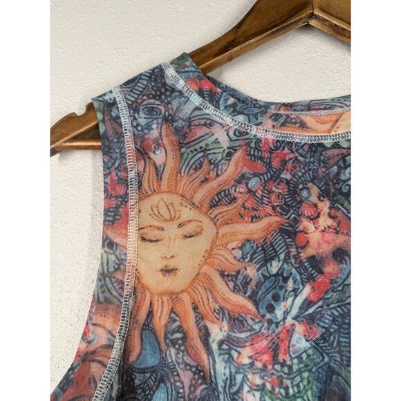 Y2k Sheer Mesh Celestial Sun Tank Top Womens Sz L Abstract Rave Artsy - Picture 3 of 6